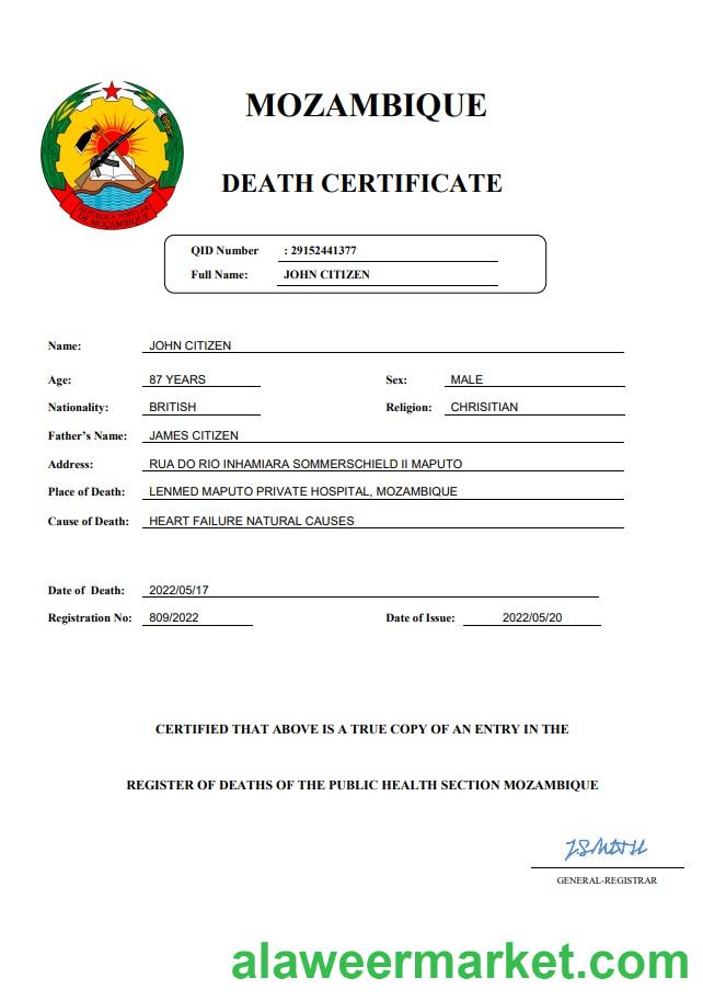 Mozambique vital record death certificate Word and PDF template